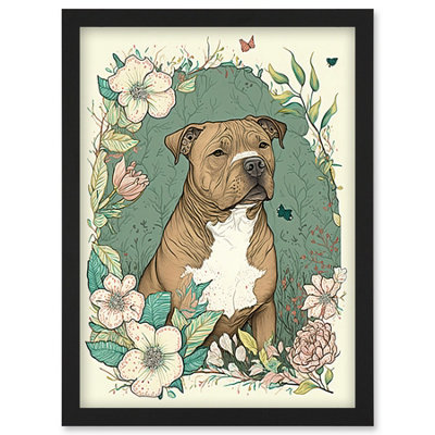 B&Q -  Brown Staffordshire Bull Terrier And Flowers Modern Pastel Boho Illustration Wall Art PrintA4 Size