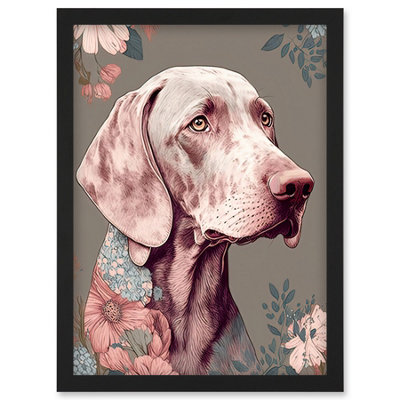 B&Q -  Weimaraner Dog Portrait With Flower Patterns Modern Detailed Illustration Wall Art PrintA4 Size
