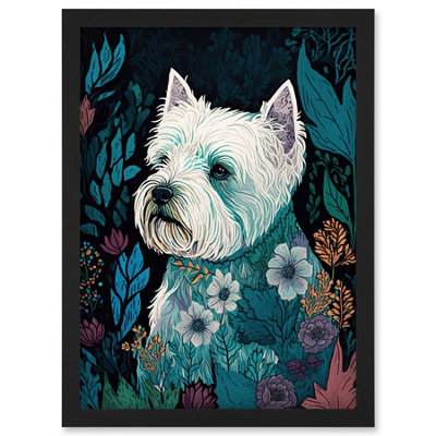 Artery8 West Highland White Terrier In Flowers Dark Multicoloured Linocut Illustration Wall Art PrintA4 Size from B&Q