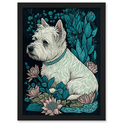 Artery8 West Highland White Terrier Sitting In Flower Field Modern Dark Illustration Wall Art PrintA4 Size from B&Q