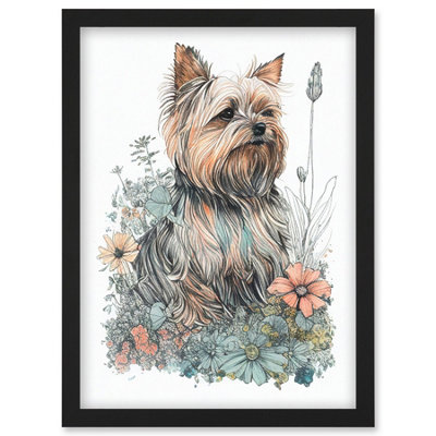 Artery8 Yorkshire Terrier Dog In Wildflowers Bright Watercolour Illustration Wall Art PrintA4 Size from B&Q