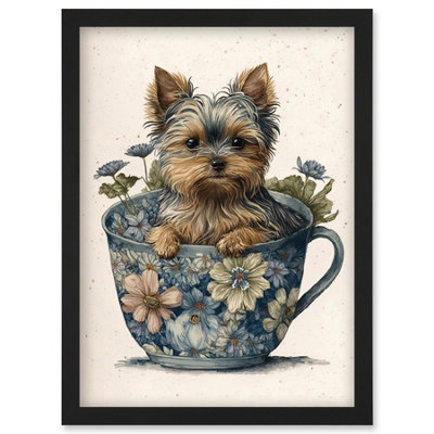 B&Q -  Cute Teacup Yorkshire Terrier Dog And Flowers In Floral Tea Cup Modern Watercolour Illustration Wall Art PrintA4 Size