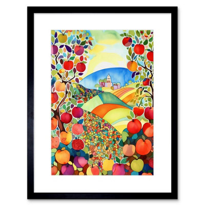 Artery8 Wall Art Print Apple Tree Orchard Fields In Summer Folk Art Landscape Watercolour Painting Artwork Framed 9X7 Inch from B&Q