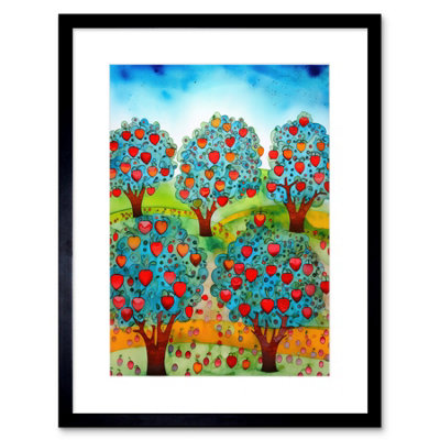 Artery8 Wall Art Print Apple Orchard Trees Ready For Harvest Folk Art Landscape Watercolour Painting Artwork Framed 9X7 Inch from B&Q