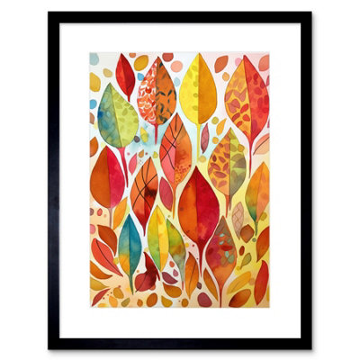 Artery8 Wall Art Print Autumn Leaves With Multicoloured Patterns Folk Art Watercolour Painting Artwork Framed 9X7 Inch from B&Q