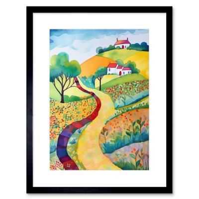 Artery8 Wall Art Print Countryside Path In Spring Folk Art Landscape Watercolour Painting Artwork Framed 9X7 Inch from B&Q