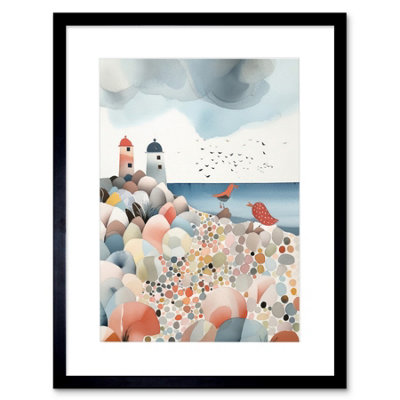 Artery8 Wall Art Print Lighthouses On Multicoloured Pebble Beach Watercolour Painting Artwork Framed 9X7 Inch from B&Q