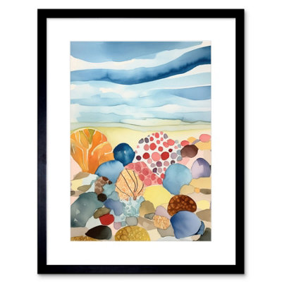 Artery8 Wall Art Print Seaside Beachcombing Colourful Seashells And Beach Pebbles Watercolour Painting Artwork Framed 9X7 Inch from B&Q