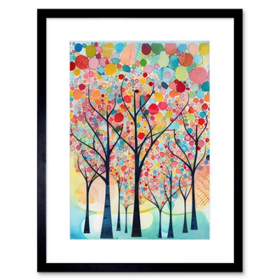Artery8 Wall Art Print Colourful Trees Blooming In Spring Folk Art Watercolour Painting Artwork Framed 9X7 Inch from B&Q
