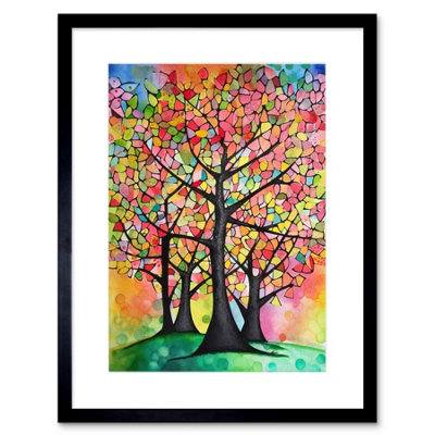 Artery8 Wall Art Print Vibrant Blossoming Trees In Spring Folk Art Watercolour Painting Artwork Framed 9X7 Inch from B&Q