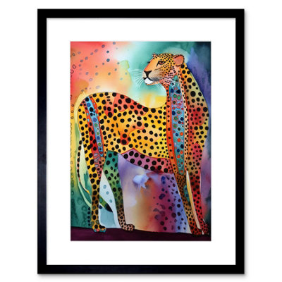 Artery8 Wall Art Print Colourful Cheetah Folk Art Watercolour Painting Artwork Framed 9X7 Inch from B&Q