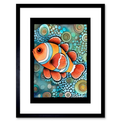 Artery8 Wall Art Print Clownfish In Coral Patterns Folk Art Watercolour Painting Artwork Framed 9X7 Inch from B&Q