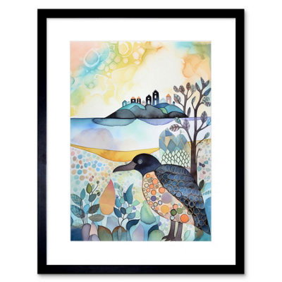 Artery8 Wall Art Print Coastal Island Wildlife Folk Art Watercolour Painting Artwork Framed 9X7 Inch from B&Q