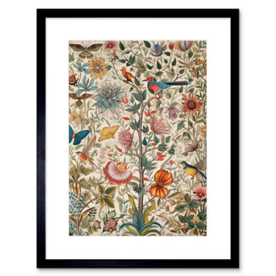 Artery8 Wall Art Print Butterflies And Flower Plants Pattern Folk Art Watercolour Painting Artwork Framed 9X7 Inch from B&Q