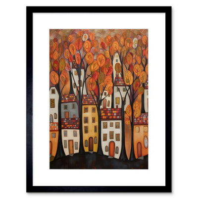 Artery8 Wall Art Print Cityscape With Trees In Autumn Contemporary Folk Art Painting Artwork Framed 9X7 Inch from B&Q