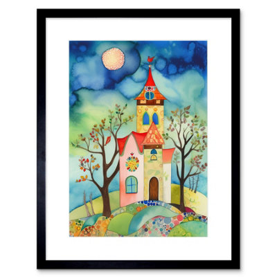 Artery8 Wall Art Print Countryside Chapel Folk Art Watercolour Painting Artwork Framed 9X7 Inch from B&Q
