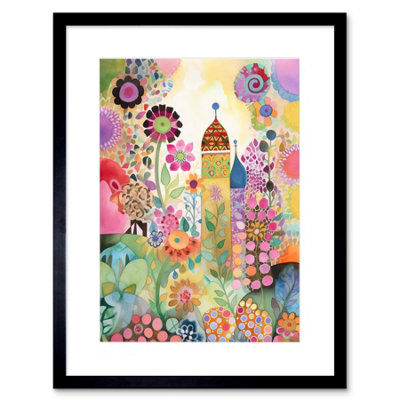 Artery8 Wall Art Print Countryside Garden Flowers In Spring Folk Art Watercolour Painting Artwork Framed 9X7 Inch from B&Q