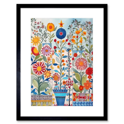 Artery8 Wall Art Print Garden Flowers Folk Art Watercolour Painting Artwork Framed 9X7 Inch from B&Q