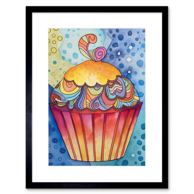 Artery8 Wall Art Print Cupcake With Colourful Frosting Folk Art Watercolour Painting Kitchen Artwork Framed 9X7 Inch from B&Q