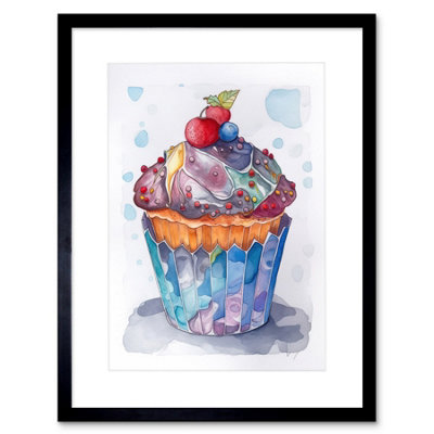Artery8 Wall Art Print Cupcake Icing With Fruit Folk Art Watercolour Painting Kitchen Artwork Framed 9X7 Inch from B&Q