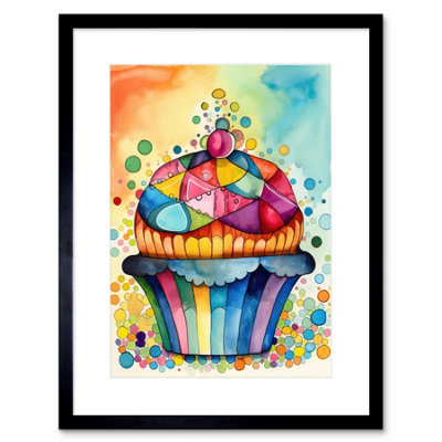 Artery8 Wall Art Print Cupcake With Colourful Frosting Watercolour Folk Art Painting Kitchen Artwork Framed 9X7 Inch from B&Q