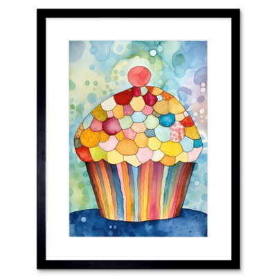 Artery8 Wall Art Print Rainbow Pattern Cupcake Folk Art Watercolour Painting Kitchen Artwork Framed 9X7 Inch from B&Q