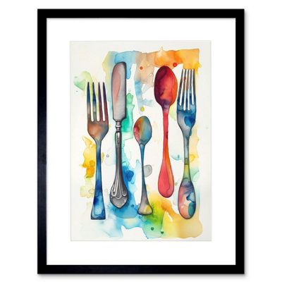 Artery8 Wall Art Print Cutlery Forks And Spoons Watercolour Painting Kitchen Artwork Framed 9X7 Inch from B&Q