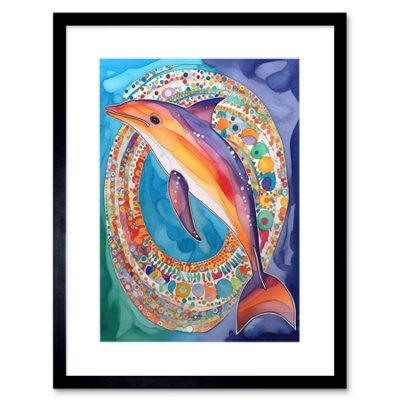 Artery8 Wall Art Print Rainbow Dolphin And Pattern Hoop Folk Art Watercolour Painting Artwork Framed 9X7 Inch from B&Q