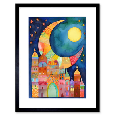 Artery8 Wall Art Print Eid Crescent Moon Cityscape Folk Art Watercolour Painting Artwork Framed 9X7 Inch from B&Q