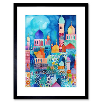 Artery8 Wall Art Print Morocco Cityscape Moonlight Folk Artwork Framed 9X7 Inch from B&Q