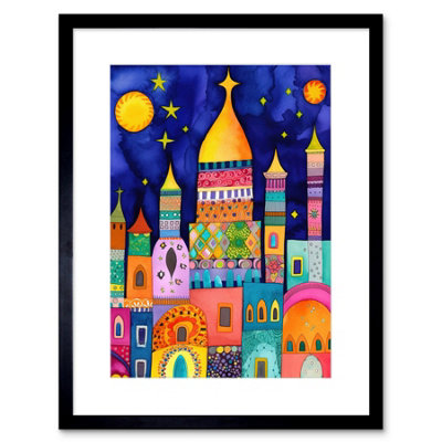 Artery8 Wall Art Print Islamic Cityscape Moonlight Mosque Folk Artwork Framed 9X7 Inch from B&Q