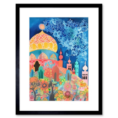Artery8 Wall Art Print Islamic Mosque At Night Folk Art Watercolour Painting Artwork Framed 9X7 Inch from B&Q
