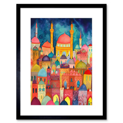B&Q -  Wall Art Print Hagia Sophia Evening Cityscape Folk Art Watercolour Painting Artwork Framed 9X7 Inch