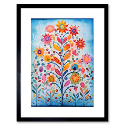 Artery8 Wall Art Print Blooming Flowering Plant Pattern Folk Art Watercolour Painting Artwork Framed 9X7 Inch from B&Q
