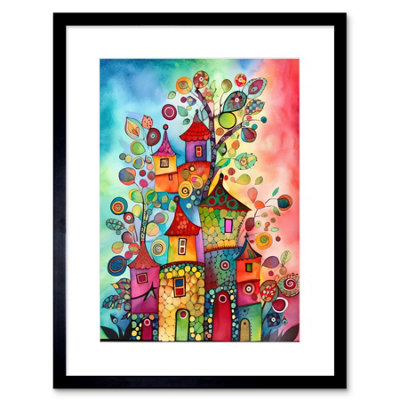 Artery8 Wall Art Print Country Houses Concept Folk Art Watercolour Painting Artwork Framed 9X7 Inch from B&Q