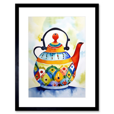 Artery8 Wall Art Print Enamelled Patterned Teapot Tea Kettle Folk Art Watercolour Painting Artwork Framed 9X7 Inch from B&Q