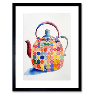 Artery8 Wall Art Print Colourful Enamelled Teapot Tea Kettle Folk Art Watercolour Painting Artwork Framed 9X7 Inch from B&Q