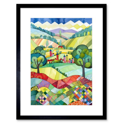 Artery8 Wall Art Print English Countryside Rural Landscape Folk Art Watercolour Painting Artwork Framed 9X7 Inch from B&Q
