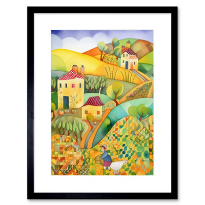 Artery8 Wall Art Print Countryside Farming Folk Art Watercolour Painting Artwork Framed 9X7 Inch from B&Q