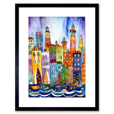 Artery8 Wall Art Print Canal Area Folk Art Watercolour Painting Artwork Framed 9X7 Inch from B&Q