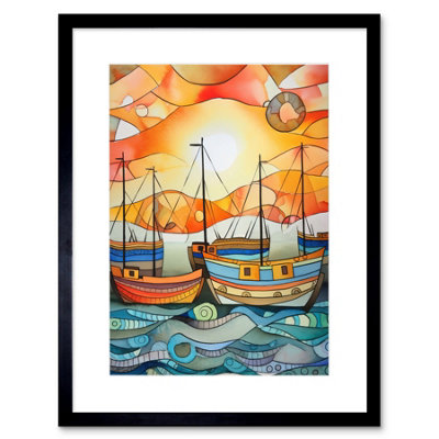 Artery8 Wall Art Print Fishing Boats At Sunrise Folk Art Watercolour Painting Artwork Framed 9X7 Inch from B&Q