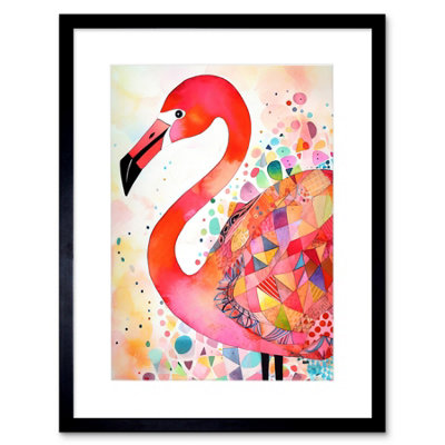 Artery8 Wall Art Print Flamingo Bird With Patterns Folk Art Watercolour Painting Artwork Framed 9X7 Inch