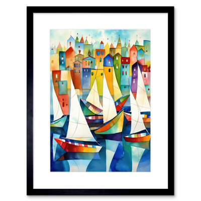 Artery8 Wall Art Print Harbour Boats Folk Art Watercolour Painting Artwork Framed 9X7 Inch from B&Q