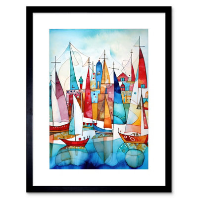 Artery8 Wall Art Print Harbour Boats Abstract Folk Art Watercolour Painting Artwork Framed 9X7 Inch from B&Q