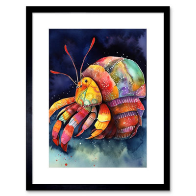 Artery8 Wall Art Print Hermit Crab Vibrant Folk Art Watercolour Painting Artwork Framed 9X7 Inch from B&Q