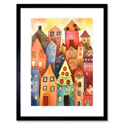 Artery8 Wall Art Print Colourful Townscape Folk Art Watercolour Painting Artwork Framed 9X7 Inch from B&Q
