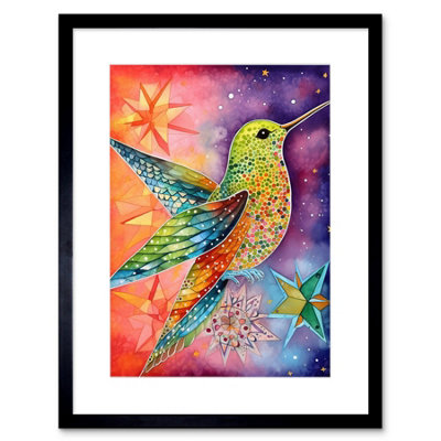 Artery8 Wall Art Print Hummingbird In Vibrant Astral Field Folk Art Watercolour Painting Artwork Framed 9X7 Inch from B&Q