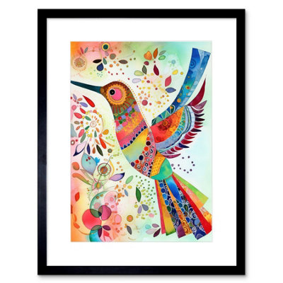 Artery8 Wall Art Print Hummingbird With Multicolour Pattern Feathers Folk Art Watercolour Painting Artwork Framed 9X7 Inch from B&Q