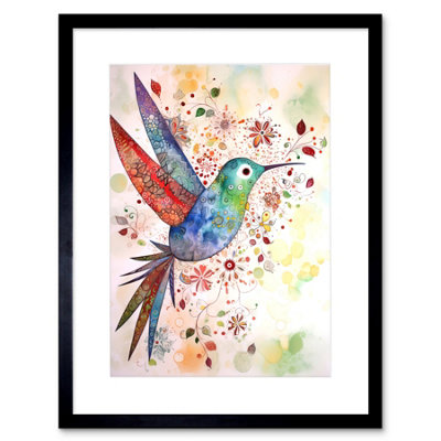 Artery8 Wall Art Print Hummingbird With Flower Patterns Folk Art Watercolour Painting Artwork Framed 9X7 Inch from B&Q