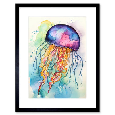 Artery8 Wall Art Print Jellyfish Swimming Folk Art Watercolour Painting Artwork Framed 9X7 Inch from B&Q